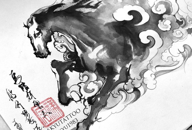 小臂定制手稿纹身图片_手稿手臂传统国画动物原创纹身图案