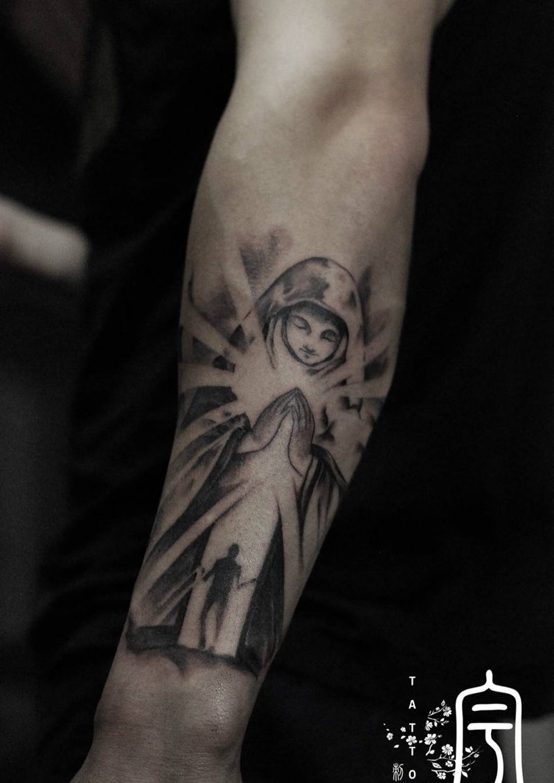 圣母祈祷之门纹身图片_成品手臂欧美原创宗教人物纹身图案