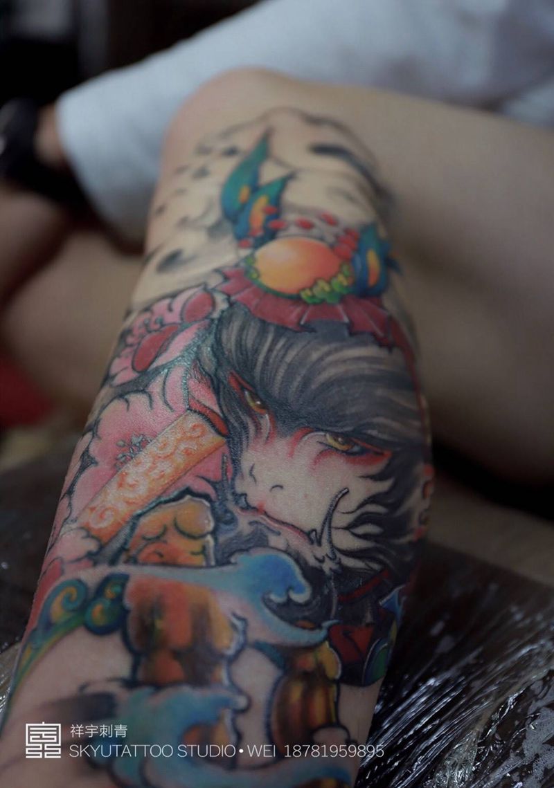 黄簿•大圣令纹身图片_成品腿部传统原创鬼神植物纹身图案