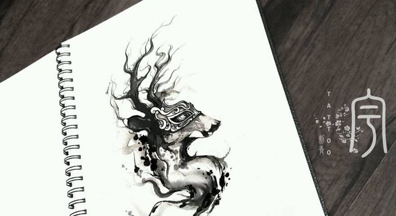 水墨梅花鹿纹身图片_腿部国画动物原创手稿纹身图案