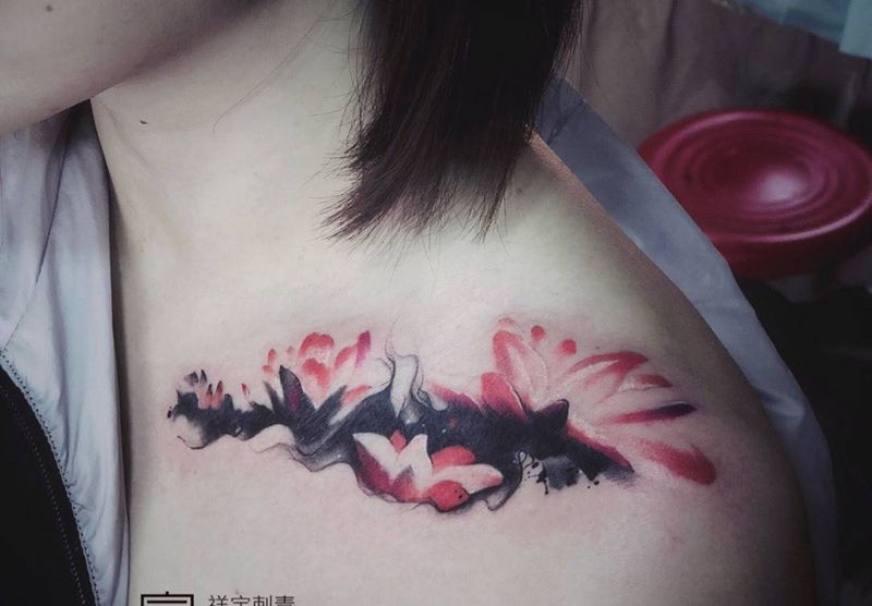 遮盖纹身图片_成品肩部国画原创植物纹身图案