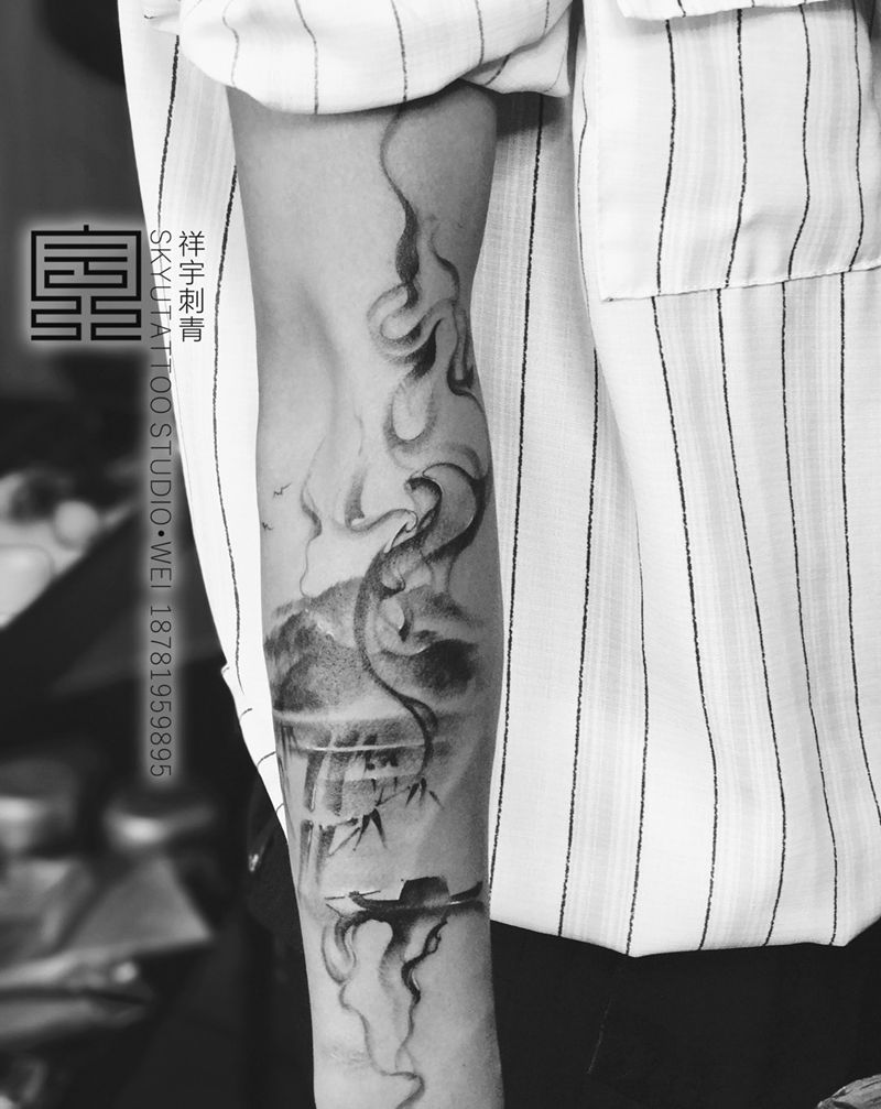 写意山水纹身图片_成品手臂传统原创纹身图案