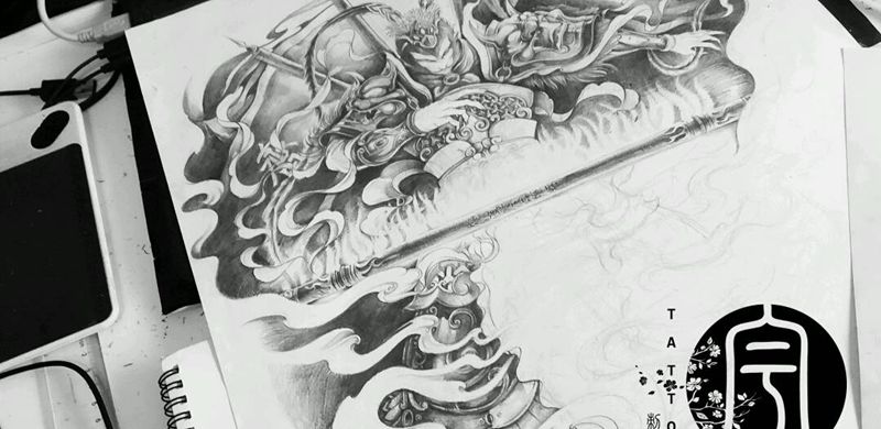 满背大圣手稿【不完整】纹身图片_背部传统写实鬼神原创手稿纹身图案