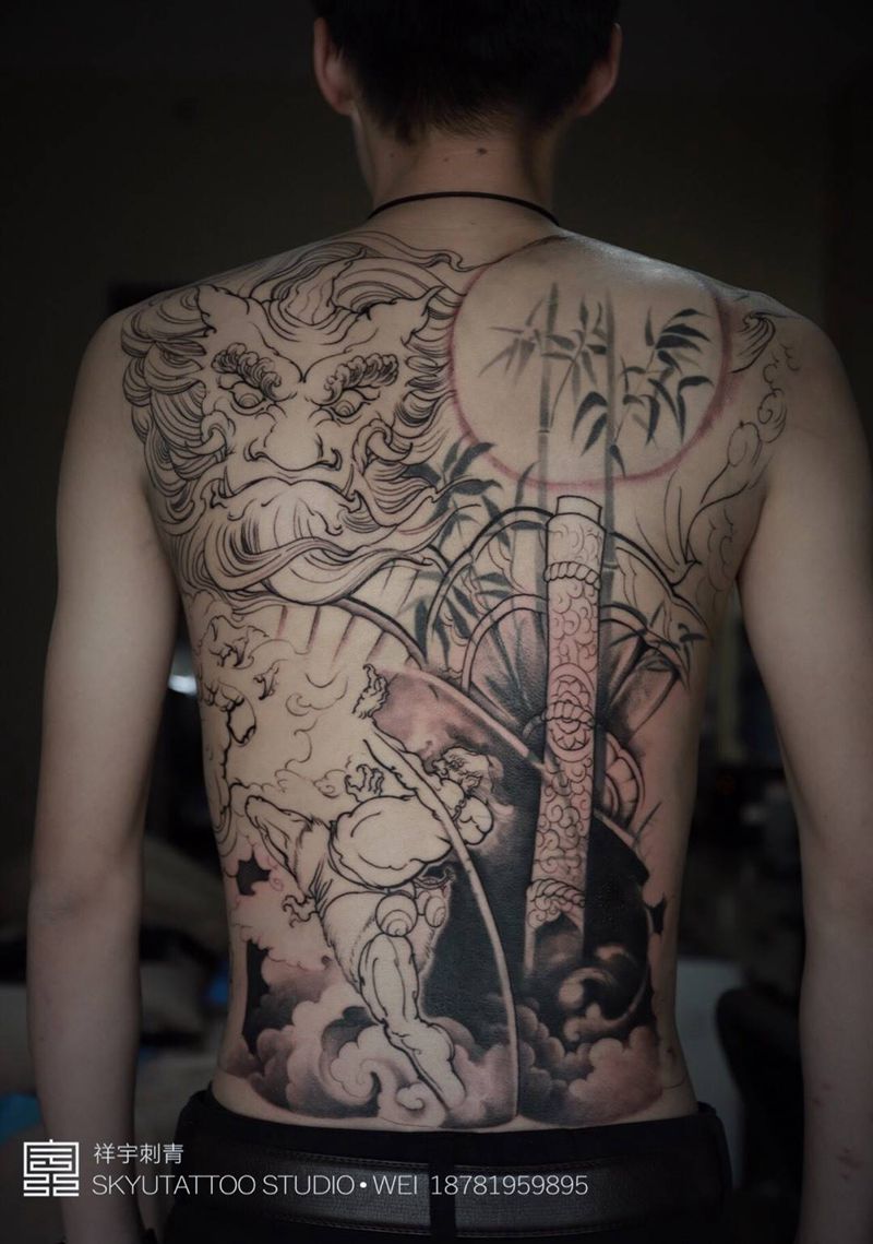 遮盖•原创亢金龙未完纹身图片_成品背部传统原创鬼神纹身图案