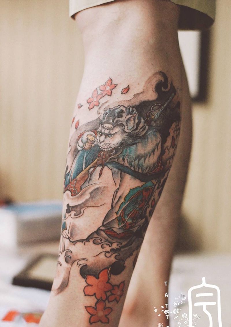 侠猫纹身图片_成品脚部传统原创动物纹身图案