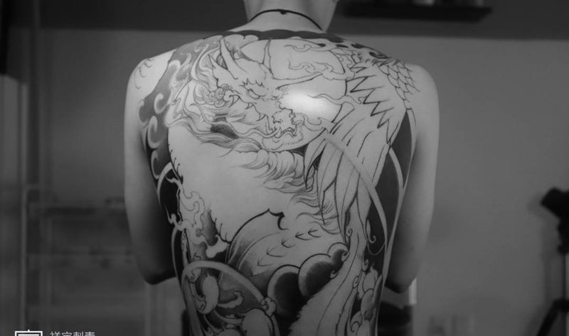 黑灰完成纹身图片_成品背部胸部传统原创鬼神纹身图案