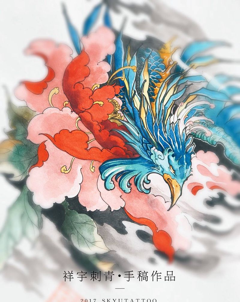 定制手稿设计纹身图片_手稿背部传统动物植物原创纹身图案