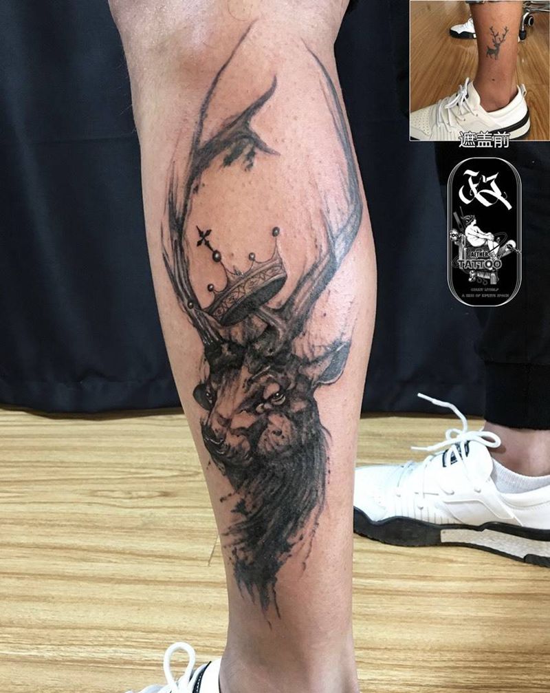遮盖图腾鹿纹身图片_成品腿部欧美动物成都刺青成都以太政纹身图案