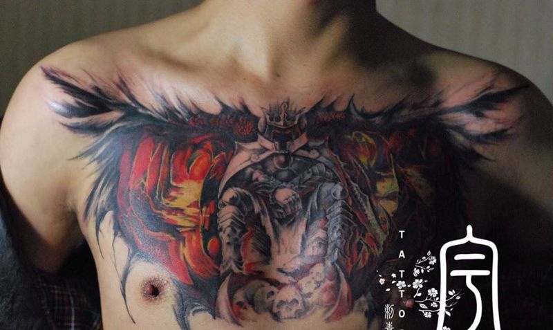 原创遮盖，火焰君王纹身图片_成品胸部欧美写实原创鬼神纹身图案