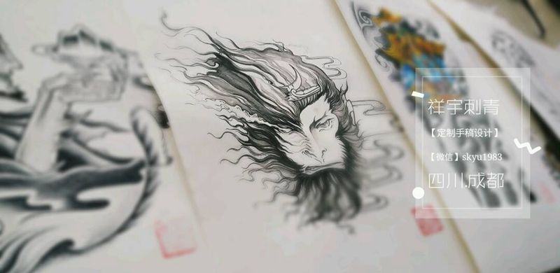 道魔一体纹身图片_背部传统鬼神原创手稿纹身图案