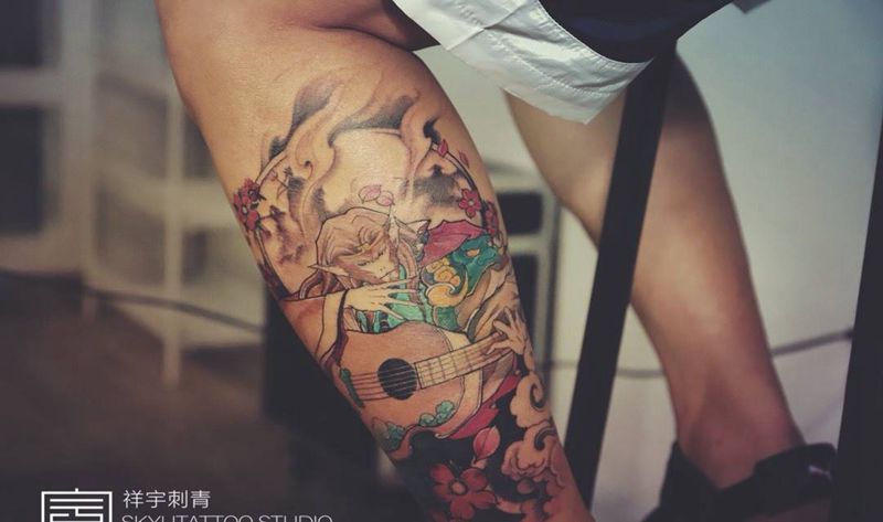 琴圣纹身图片_腿部新传统纹身图案