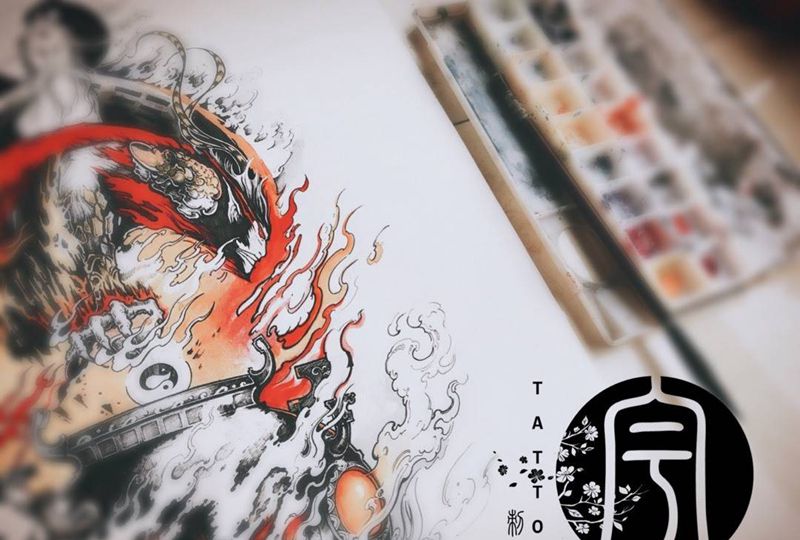 八卦锻心纹身图片_手稿手臂传统原创鬼神纹身图案