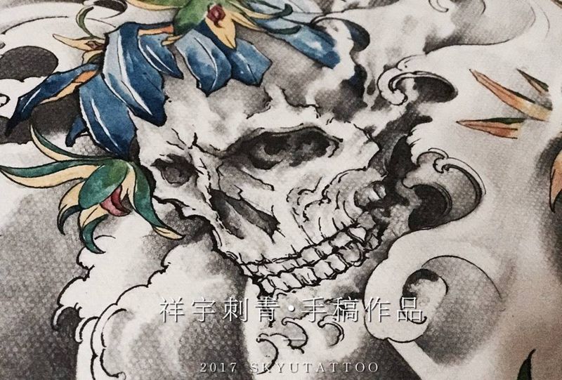 定制半胛手稿纹身图片_手稿胸部手臂传统原创鬼神植物纹身图案