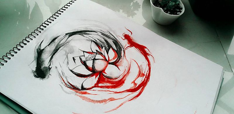 水墨太极鱼莲纹身图片_国画植物原创手稿纹身图案