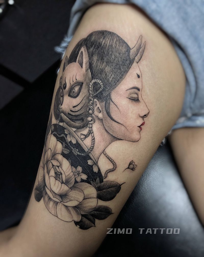 艺妓纹身图片_腿部欧美写实点刺纹身图案