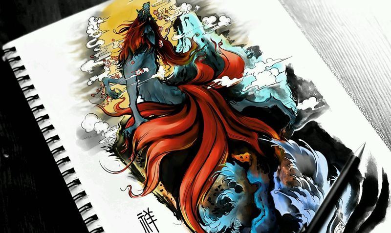 定制九尾花臂手稿纹身图片_手臂传统鬼神原创手稿纹身图案