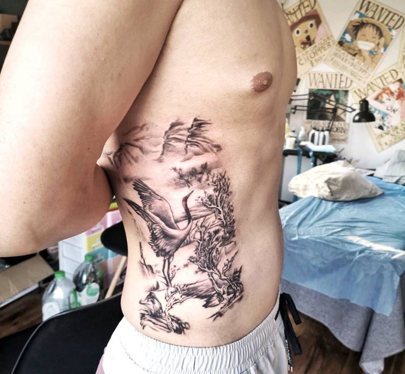 仙鹤纹身图片_腹部纹身图案