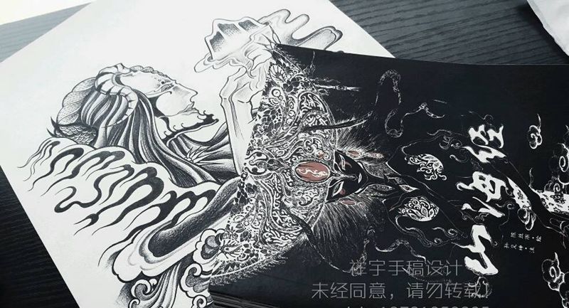 吉神泰逢纹身图片_背部传统鬼神原创手稿纹身图案