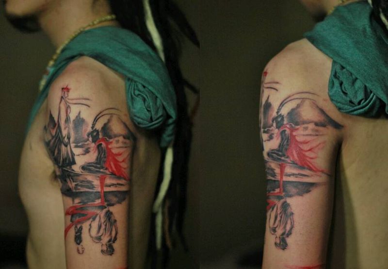 水墨大圣归来纹身图片_手臂国画鬼神原创成品纹身图案