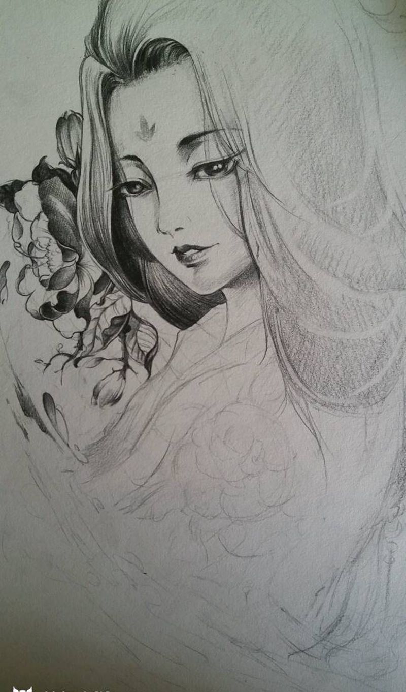 美女图纹身图片_脚部传统写实人物原创手稿纹身图案