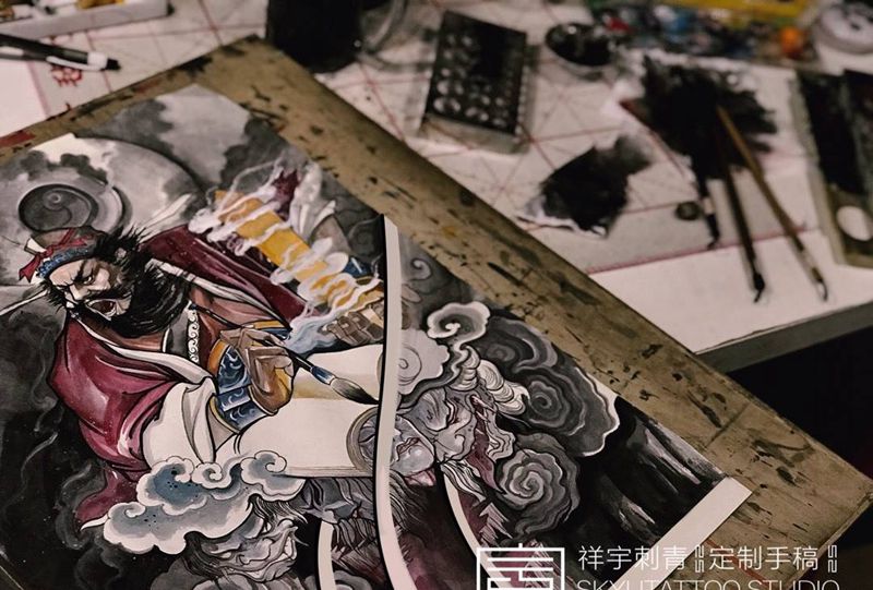 新传统彩色花臂定制手稿 判官纹身图片_手臂新传统判官纹身图案