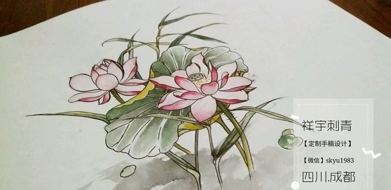 荷花纹身图片_腹部国画植物原创手稿纹身图案