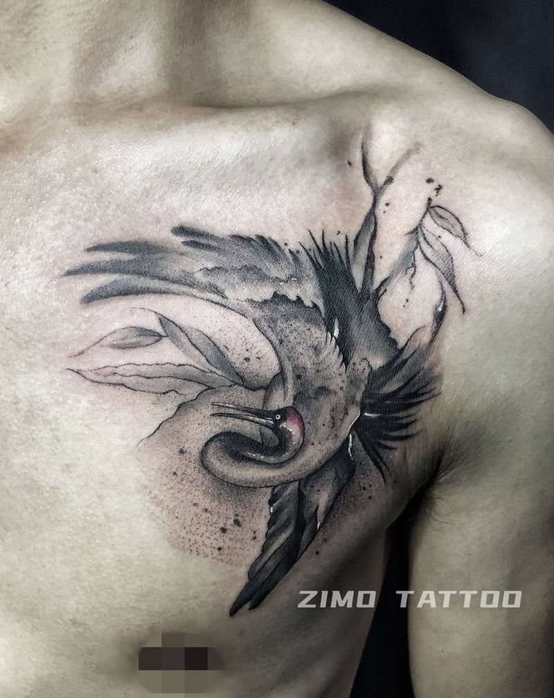 鹤纹身图片_胸部肩部新传统水墨纹身图案