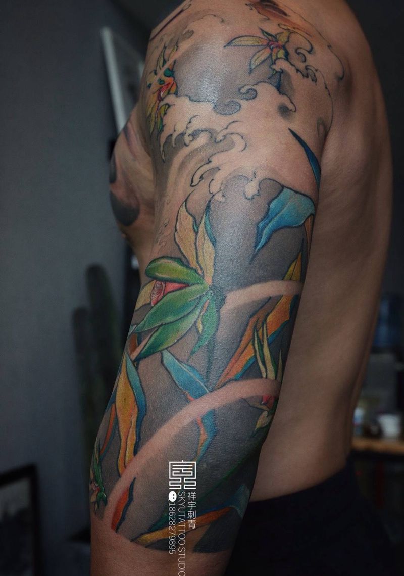 定制半胛纹身图片_手部胸部新传统石斛兰 骷髅纹身图案