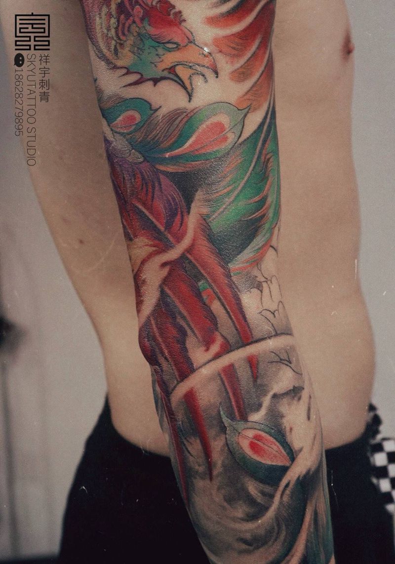 定制手稿【凤凰涅槃】纹身图片_手臂新传统凤凰纹身图案