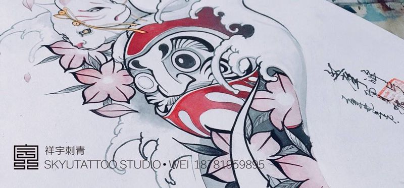 定制手稿 【达摩•面具猫】纹身图片_手稿脚部传统原创鬼神动物纹身图案