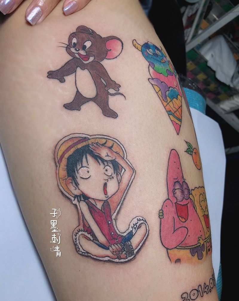 卡通纹身图片_脚部腿部水彩New School纹身图案