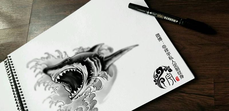 鲨鱼手稿设计纹身图片_腰部欧美原创手稿纹身图案