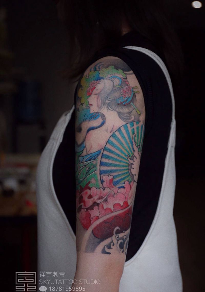 原创艺伎纹身图片_手臂新传统纹身图案