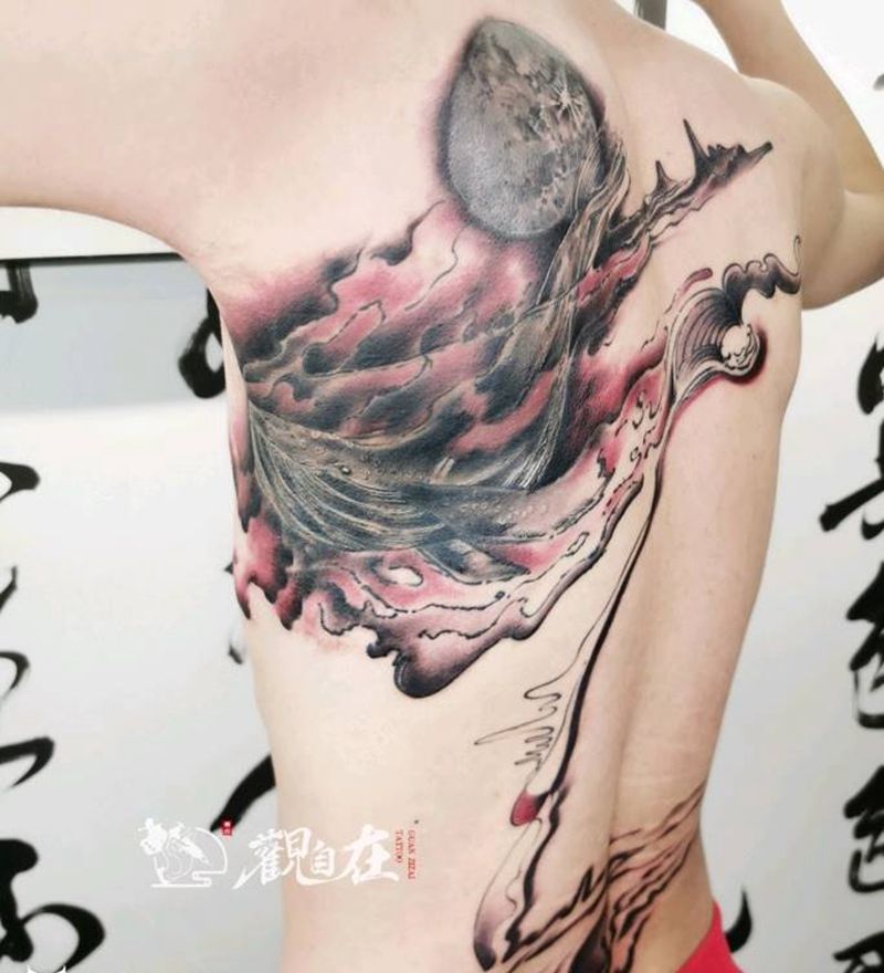 大面积胎记遮盖纹身图片_背部水墨水彩纹身图案