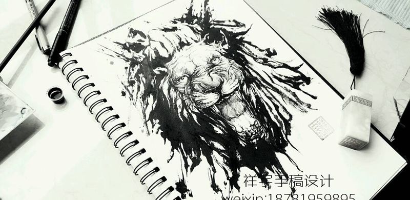 水墨狮头纹身图片_腿部国画动物原创纹身图案