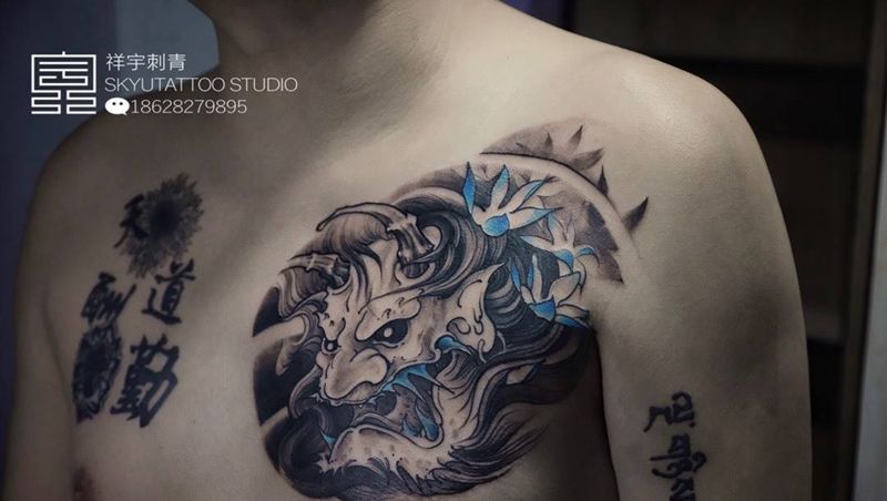 传统鬼怪纹身图片_成品胸部传统原创鬼神纹身图案