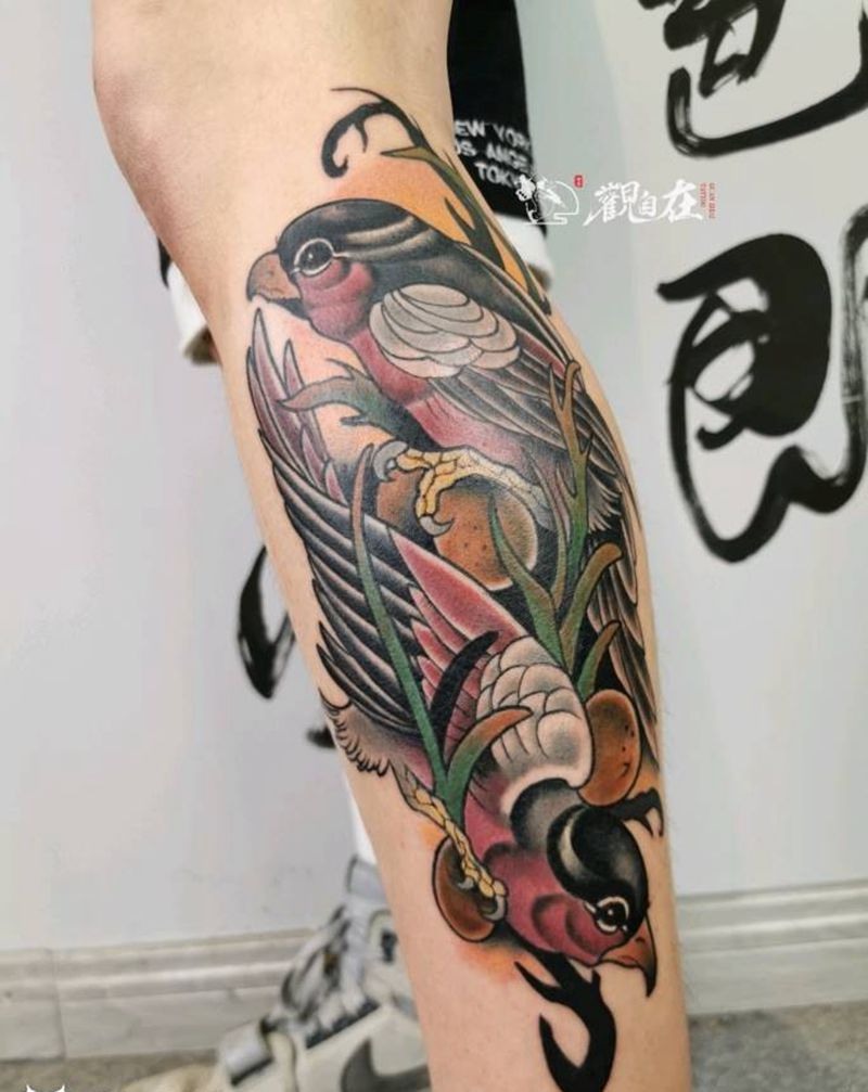 newschool小腿纹身图片_腿部New School花鸟纹身图案