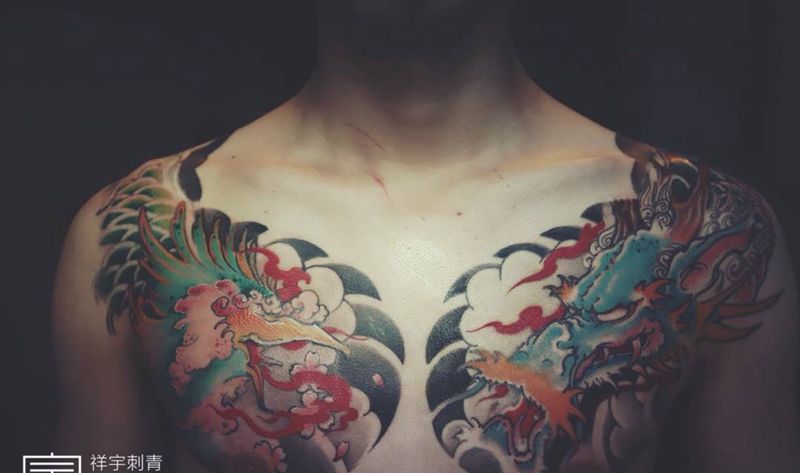 龙凤呈祥纹身图片_成品胸部传统原创鬼神动物纹身图案