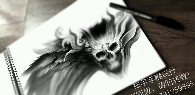 写实骷髅翅膀遮盖纹身图片_肩部背部欧美写实鬼神原创手稿纹身图案