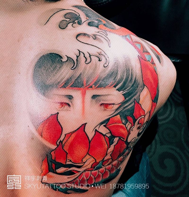 黄簿•红莲劫纹身图片_成品背部传统原创鬼神纹身图案
