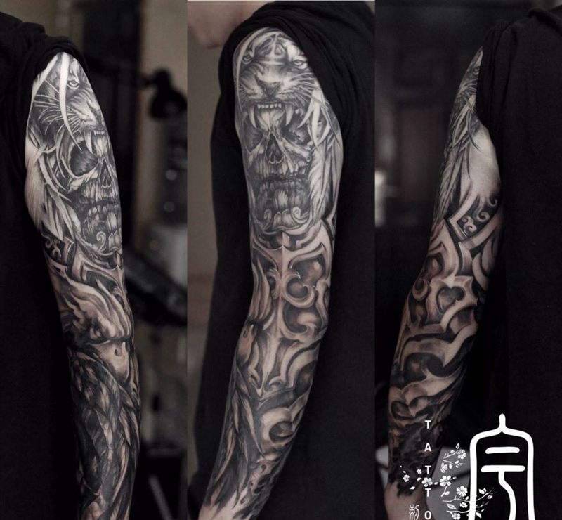 小臂遮盖接花臂纹身图片_成品手臂写实欧美原创纹身图案