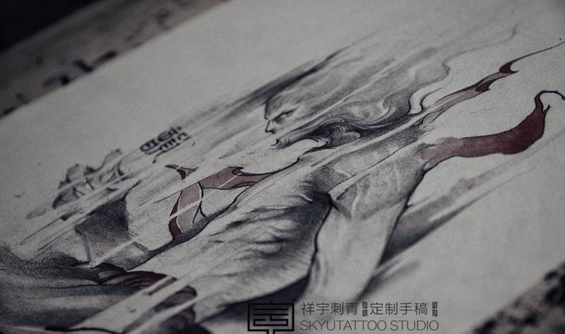 定制手稿纹身图片_腿部大圣纹身图案