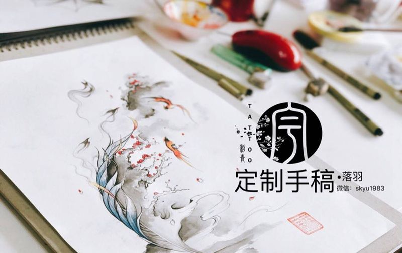 落羽纹身图片_手稿腰部清新动物原创纹身图案