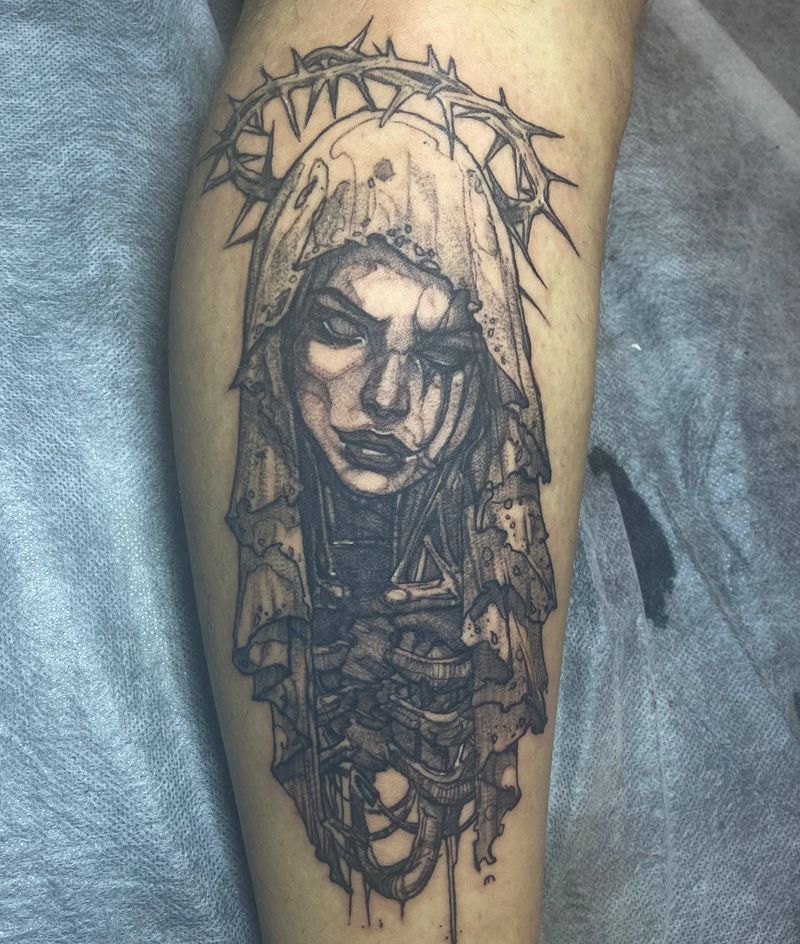 修女纹身图片_腿部纹身图案