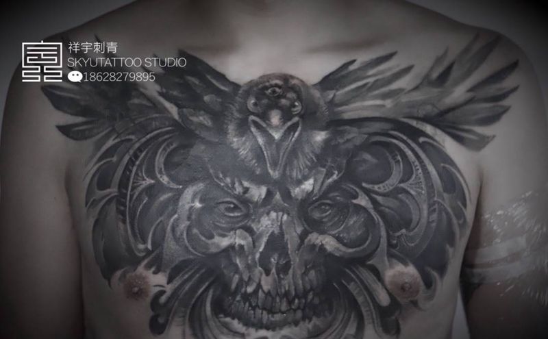 写实遮盖纹身图片_胸部欧美写实骷髅 乌鸦机械纹身图案