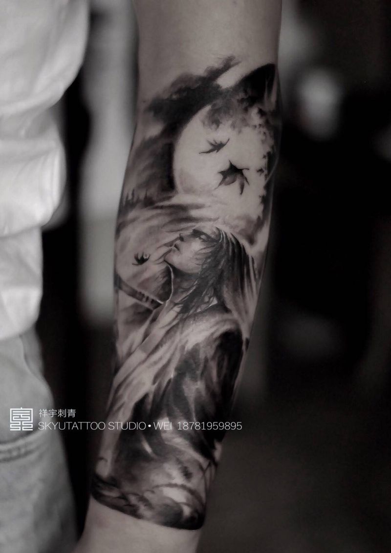 武侠纹身图片_成品手臂传统写实原创人物纹身图案