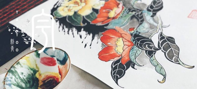 山茶花纹身图片_手稿手臂胸部肩部国画原创植物纹身图案