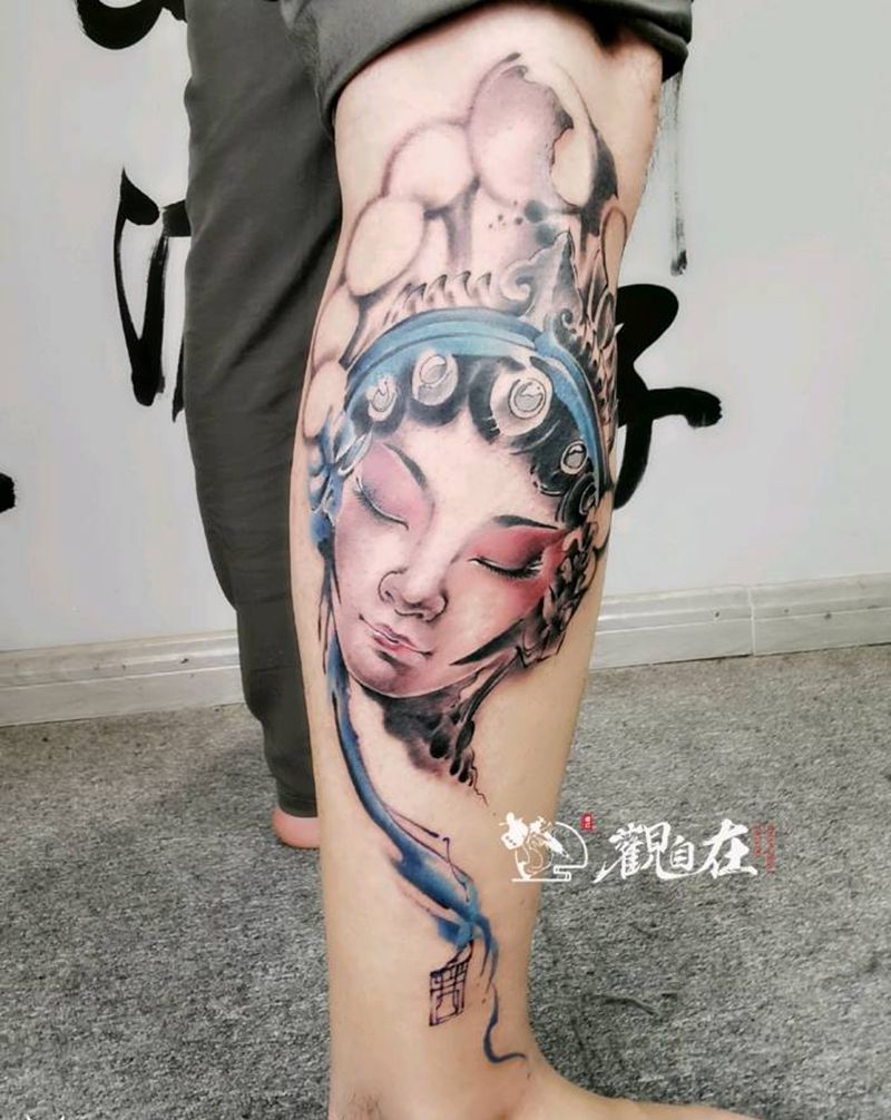 水墨花旦【临摹無上老师作品】纹身图片_腿部水墨纹身图案