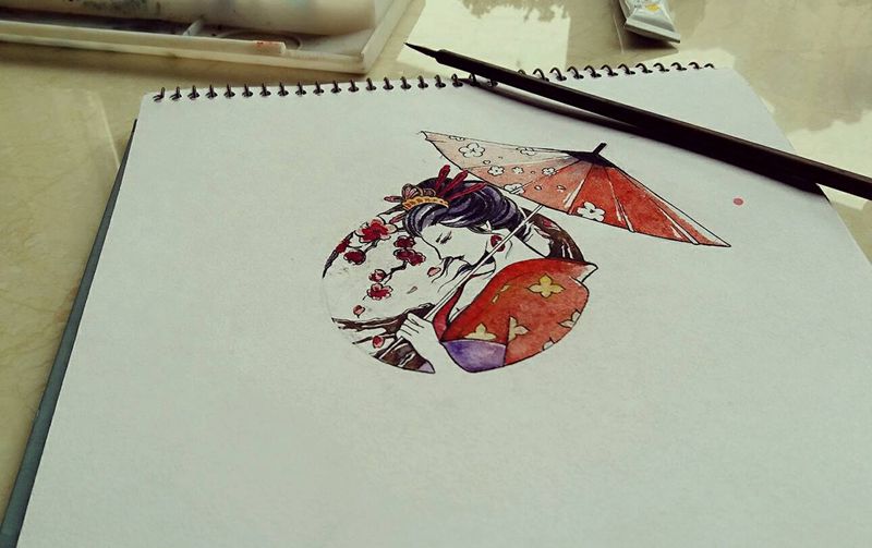 艺妓纹身图片_脚部清新人物原创手稿纹身图案