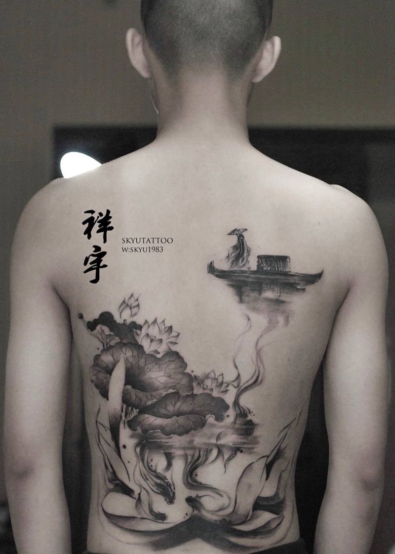 传统水墨纹身图片_成品背部传统国画原创植物人物纹身图案